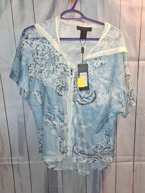 Light Blue Floral Mesh Zip Hoodie Cover-Up
